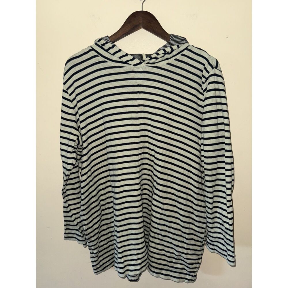 J. Jill Striped 100% Cotton Knit Lightweight Pullover Hoodie Top Mint Green L